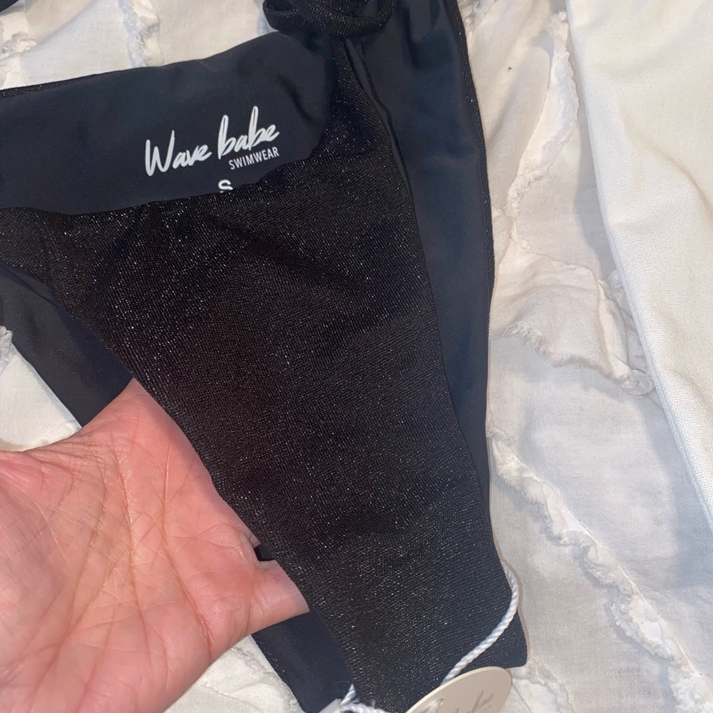 Black triangle top, string bottom bikini, color black shimmer